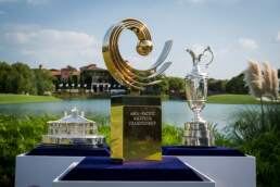 Asia Pacific Amateur Championship Trophy staged in front of Masters Trophy and the Claret Jug